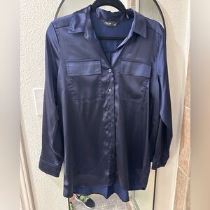 Navy Blue Satin Button-Up Blouse